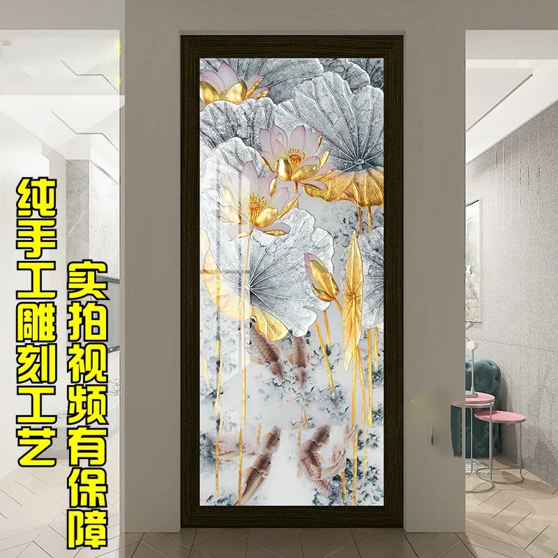 Customized light luxury style frosted light-transmitting carved color art glass partition screen decoration porch living room pa