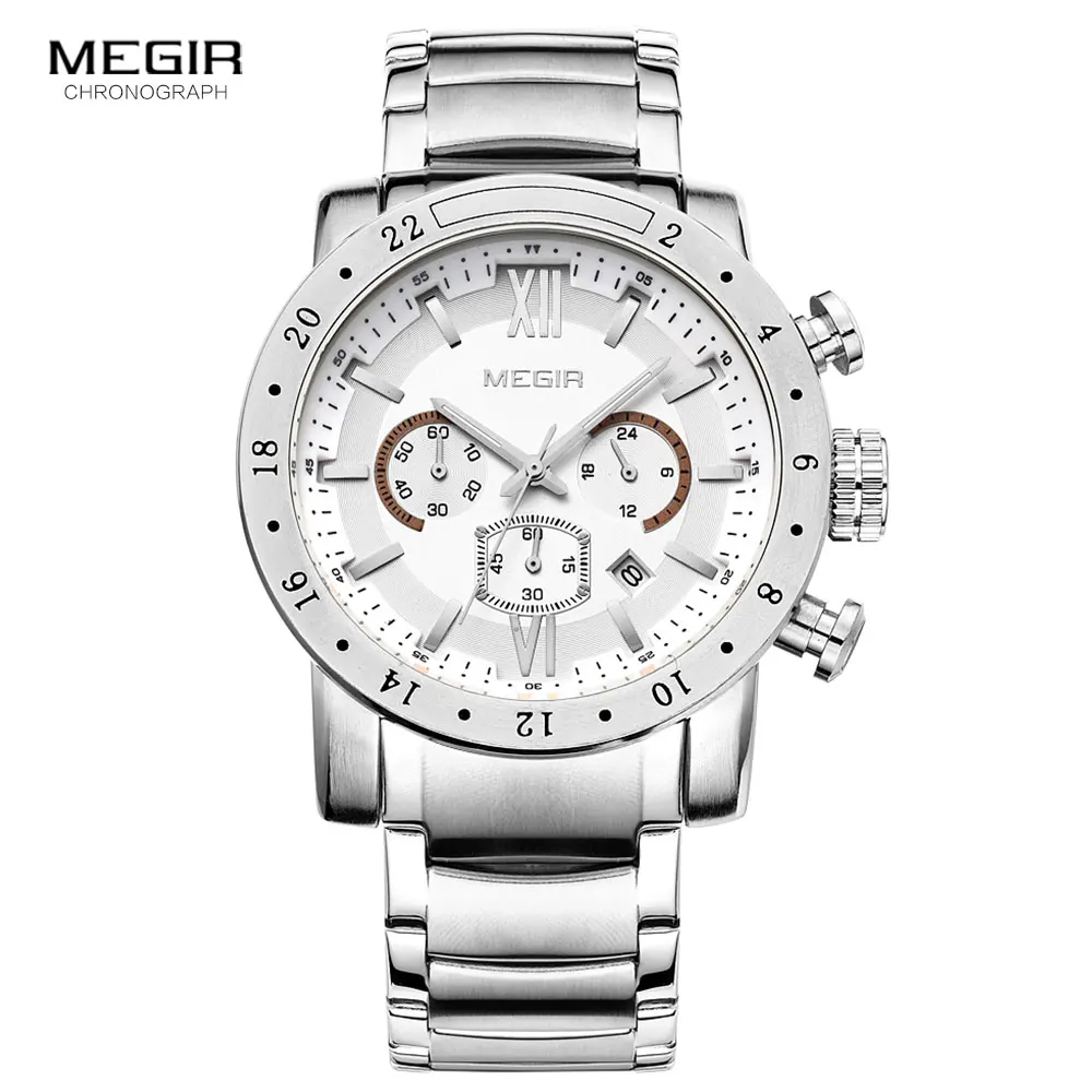 Fashion Megir Top Brand Quartz For Men Man\'s Business White Full Stainless Steel Three-eyes Waterproof Luminous Male WristWatch