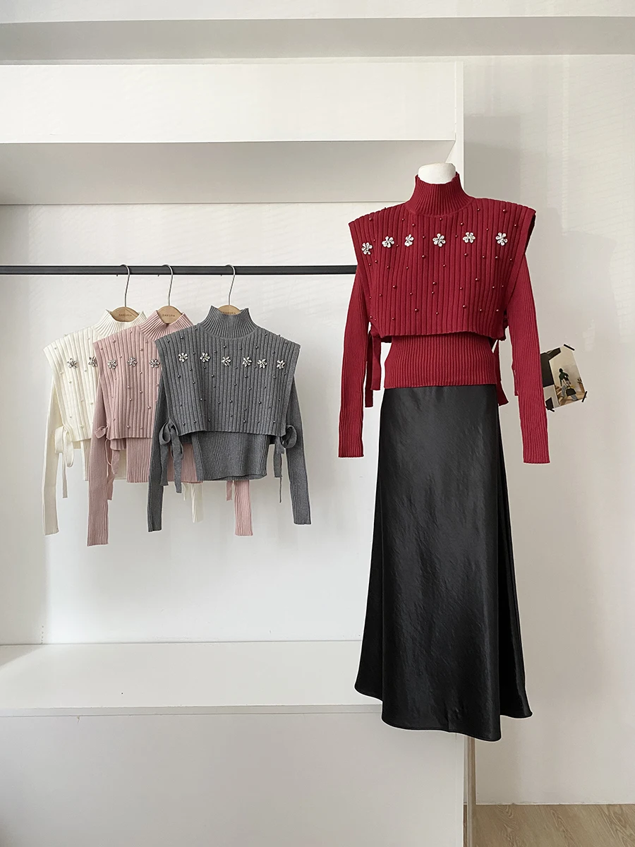 

Весенний женский вязаный свитер с высоким воротником и длинными рукавами, облегающий, с накидкой на плечи, однотонный, модный комплект, коллекция Весна 2026