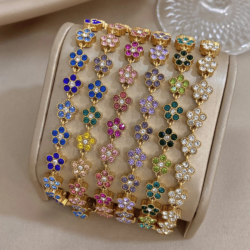 AENSOA Rainbow Multi Color Crystal Clover Bracelet Gold Plated Sparkling Floral Stainless Steel Adjustable Bracelet Women