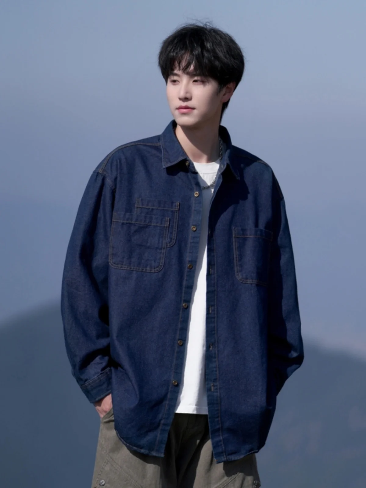 

Мужская джинсовая рубашка с длинным рукавом Waed Denim, весна 2025, новая повседневная свободная винтажная рабочая рубашка в городском стиле для молодежи