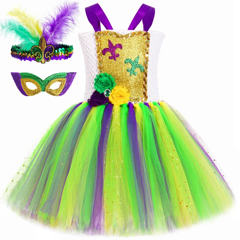 Mardi Gras Festival Tutu Dress for Girls Sparkly Carnival Costumes for Kids Masquerade Party Cosplay Outfits with Sequins Mask