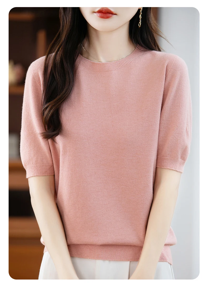 First-Line Ready-To-Wear Sweater Women's 100 Pure Wool Knitted Short-Sleeved T-Shirt Round Neck Thin Sweater Loose Half-Sleeve