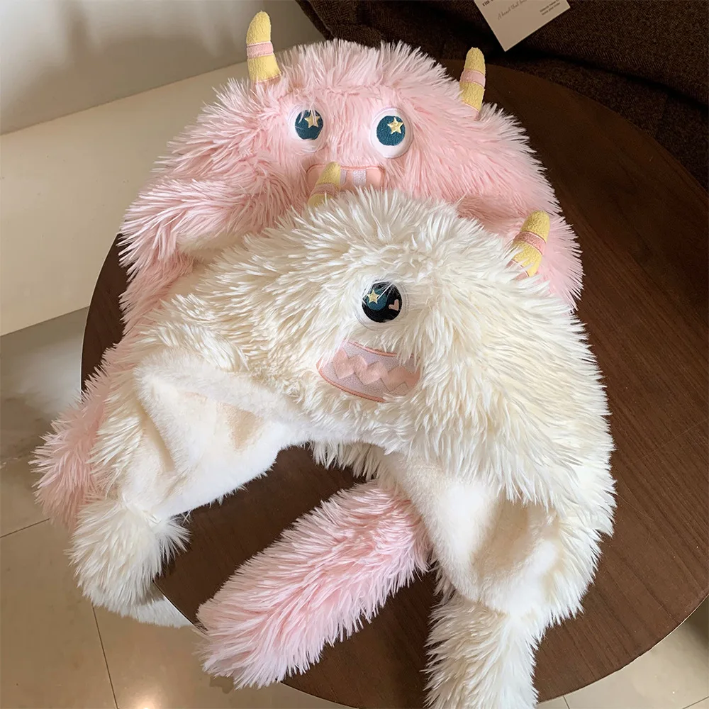 Cute and Funny Plush Monster Trapper Hat Female Winter Warm Thick Cold Fluffy Earflap Cap Cartoon Ugly Cute Earmuffs Bomber Hat