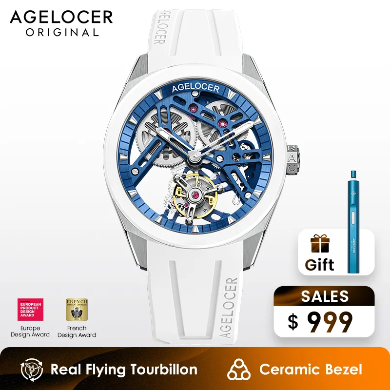 AGELOCER Original Tourbillon Watch Ceramic Bezel Men\'s Vogue Luxury Skeleton Manual Mechanical Watch Birthday Gift for Men