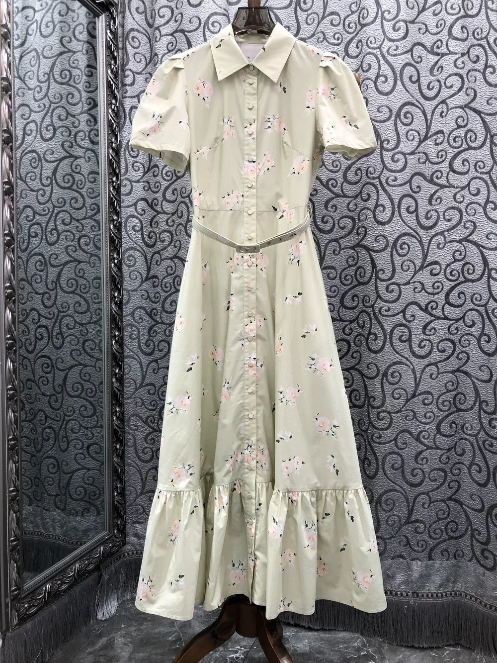 

100%Cotton Long Dress 2026 Summer Style Women Turn-down Collar Sweet Little Floral Print Short Sleeve Long Party Maxi Dress