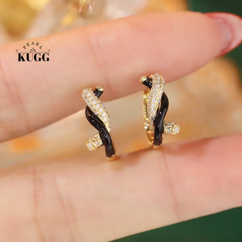 KUGG 100% 18K Yellow Gold Earrings Fashion Knot Design 0.16carat Real Natural Diamond Hoop Earrings for Women High Party Jewelry