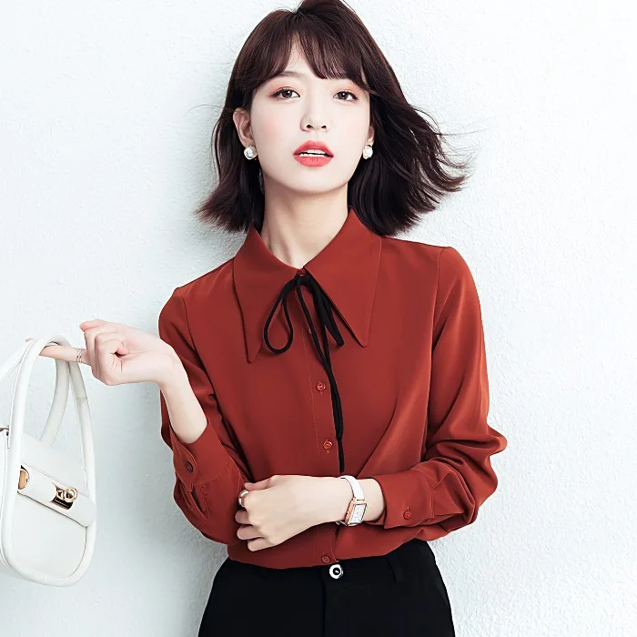 패셔너블한 레드 롱 슬리브 돌칼라 쉬폰 원피스 여성 가을옷 2025 신상 슬림핏 한국 스타일 스트레이트 컷 버튼 디테일