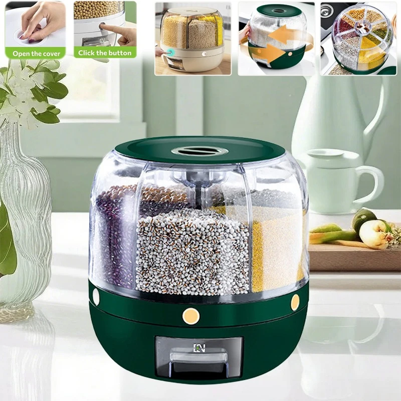 

New 360° Rotating Grain Dispenser Rotating Rotary Split Design Sealed Dry Cereal Grain Bucket Kitchen Food Container Storage Box