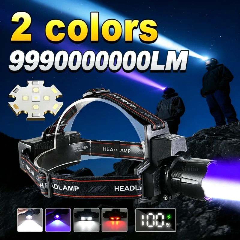 Ultra Bright Headlight 9990000000LM 30W+4*XPG Purple Light Headlamp Rechargeable Head Torch Fishing Hunting Outdoor Work Lamp