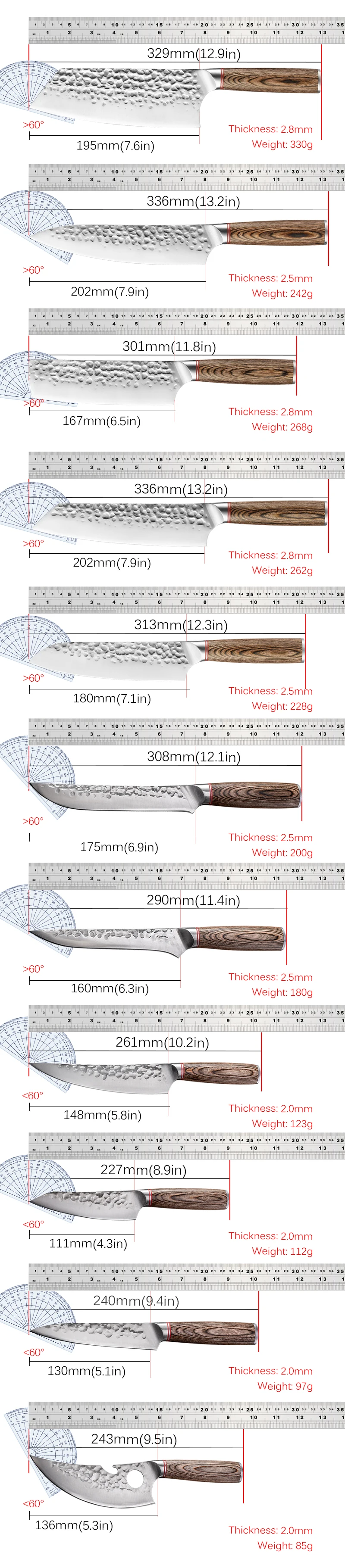 1-11pcs Kitchen Knives Set Forged Hammer Pattern Meat Cleaver Butcher's Boning Knife Sharp Chef's Knife Vegetable Slicing Knife