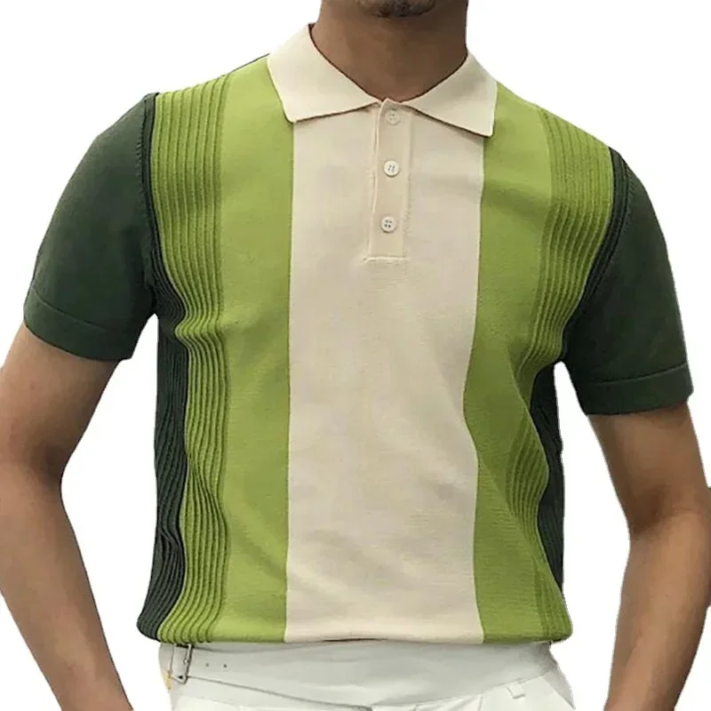 

2024 Summer Contrast Color Knitted Polo Shirts Men Green Stripe Turn-down Collar Tops for Men Slim Fit Casual Business Polos