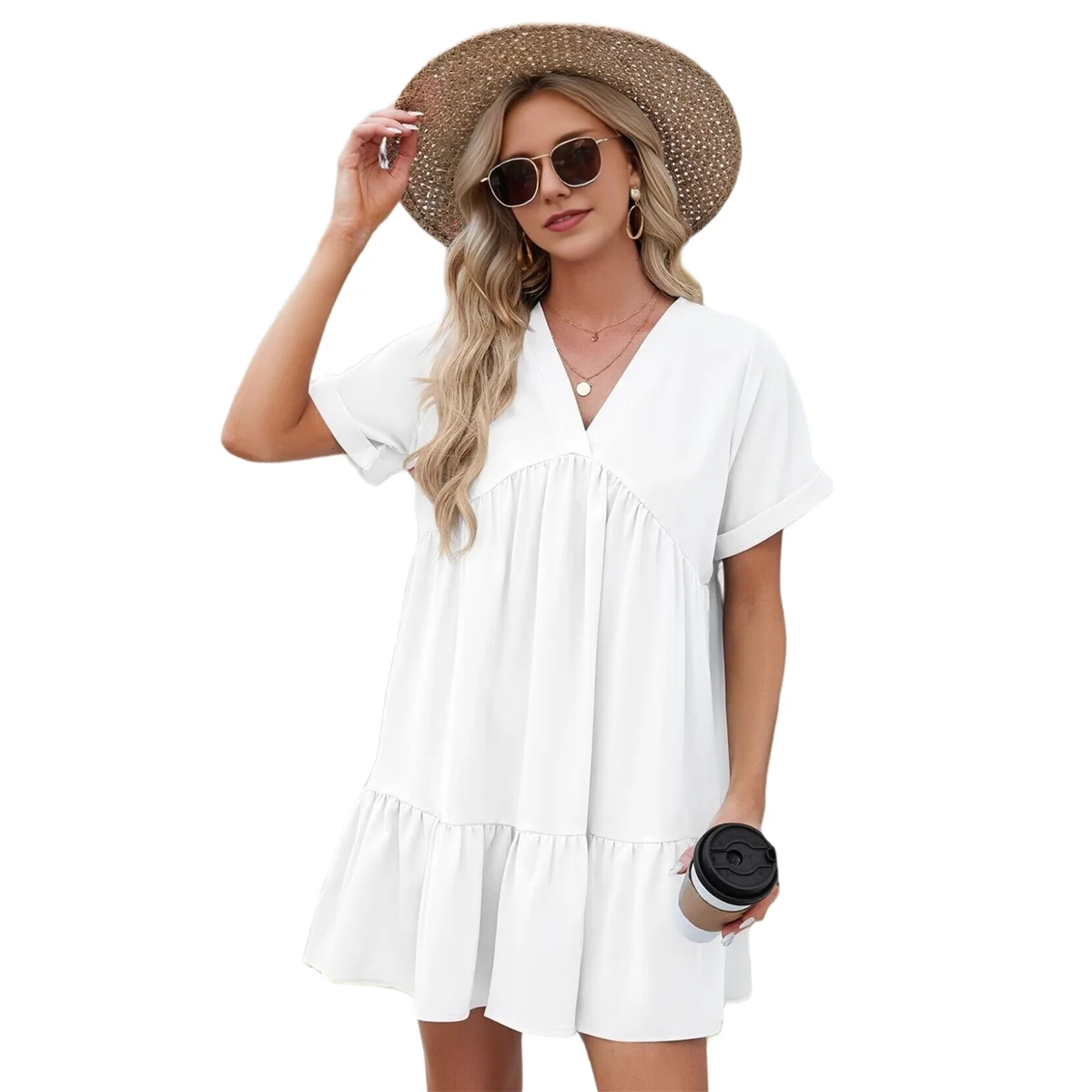 สตรีแขนสั้น V คอ Ruffle Hem Solid Swing Smock ชุดลําลองหลวม Fit ชุดมินิฤดูร้อน Beach Wear