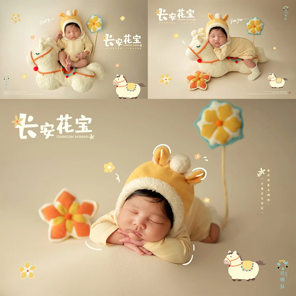 

Newborn Photography Props Baby Jumpsuit+hat Adorable Plush Horse Baby Posing Doll Props for Studio Milestone Growth Memory Shoot