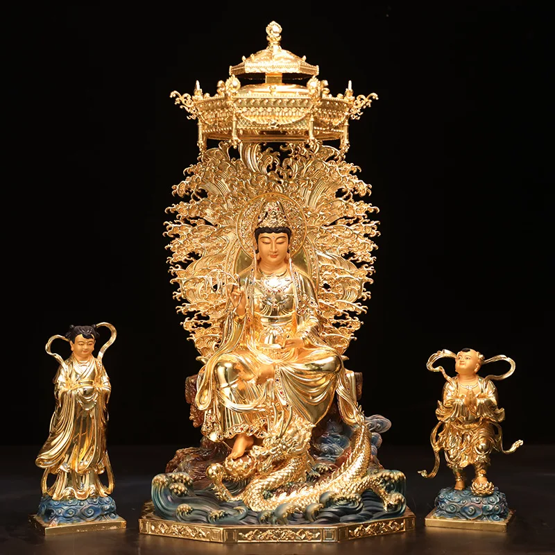 

Gold-Plated Guanyin Buddha Statue for Home Worship Riding Dragon and Bodhisattva Statue Golden Boy and Jade Girl Desktop Ornaments