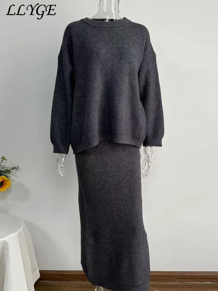 Elegant Solid Sweater Skirt Set Women Loose O-neck Pullover High Waist Side Split Skirts 2024 Autumn Lady Casual Knit Outfits
