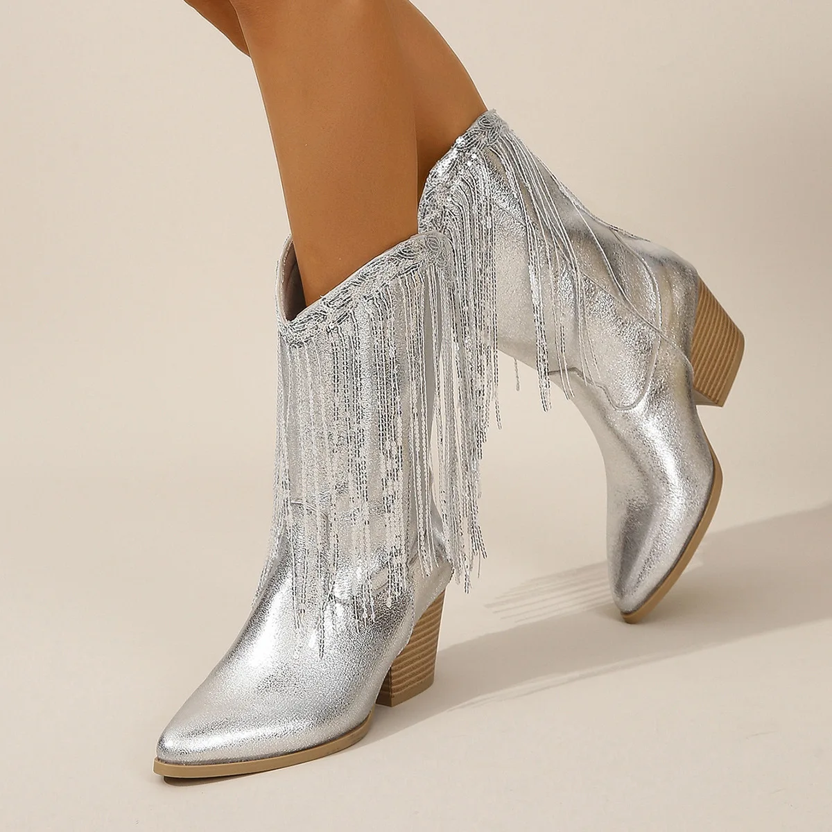 Cross Border European American Fashion Women Boots Chunky Heel Pointed Toe Heightening Tassel Trendy Ladies Autumn Winter