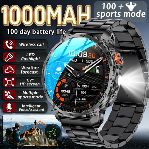 Imagen 1 del producto Reloj inteligente militar resistente para hombre, luz de emergencia SOS + linterna LED, batería de 1000 mAh, seguimiento GPS, resistente al agua IP68, 100 días en espera