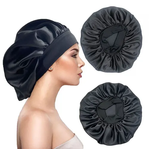 Imagen 2 del producto Gorros lisos de satén para mujer, gorro de baño para dormir de noche de ala ancha, gorro de banda elástica para la cabeza Unisex, gorro para el cuidado del cabello