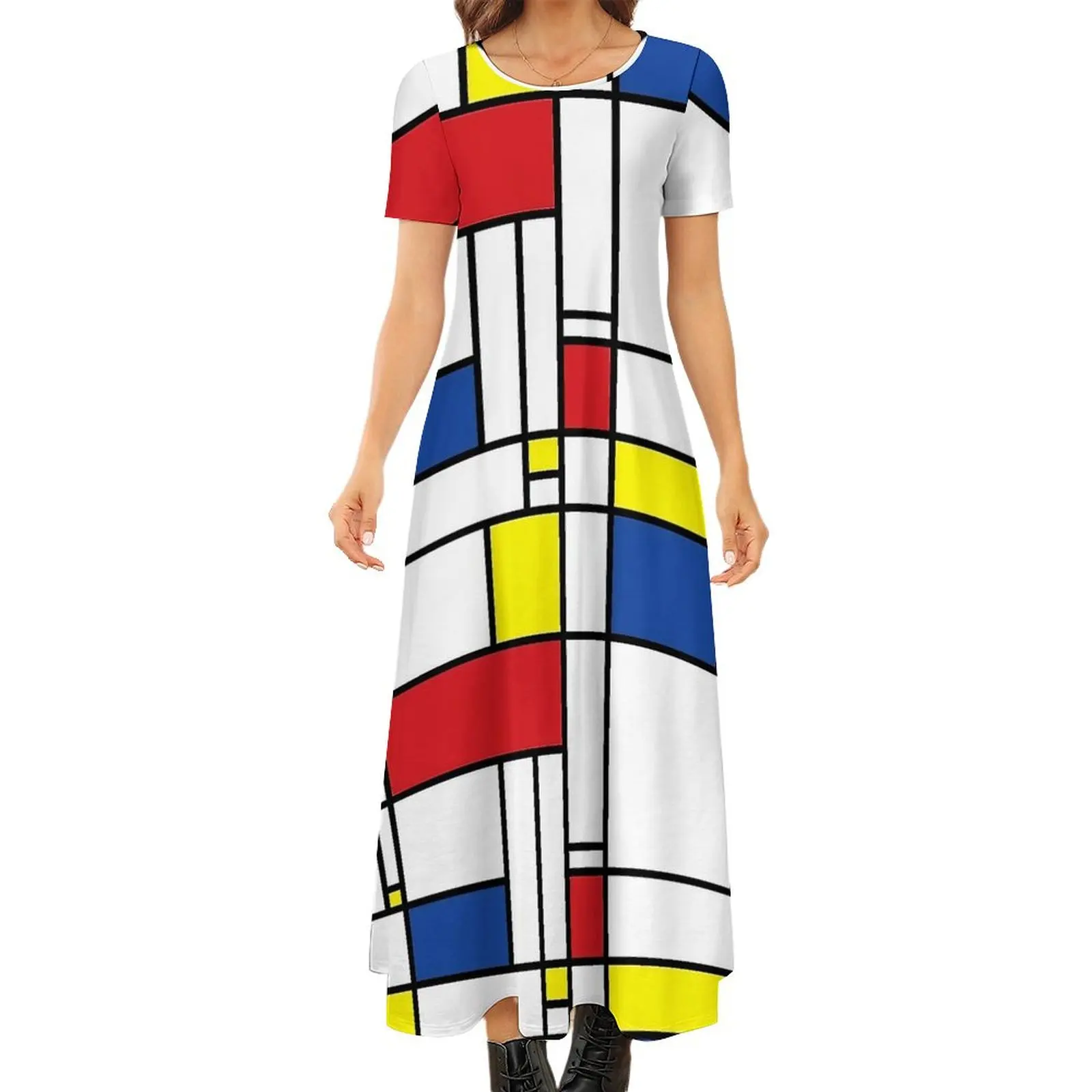 Mondrian Minimalist Dress De Stijl Modern Art Maxi Dress Female Short Sleeve Funny Boho Beach Long Dresses Big Size 6XL 7XL