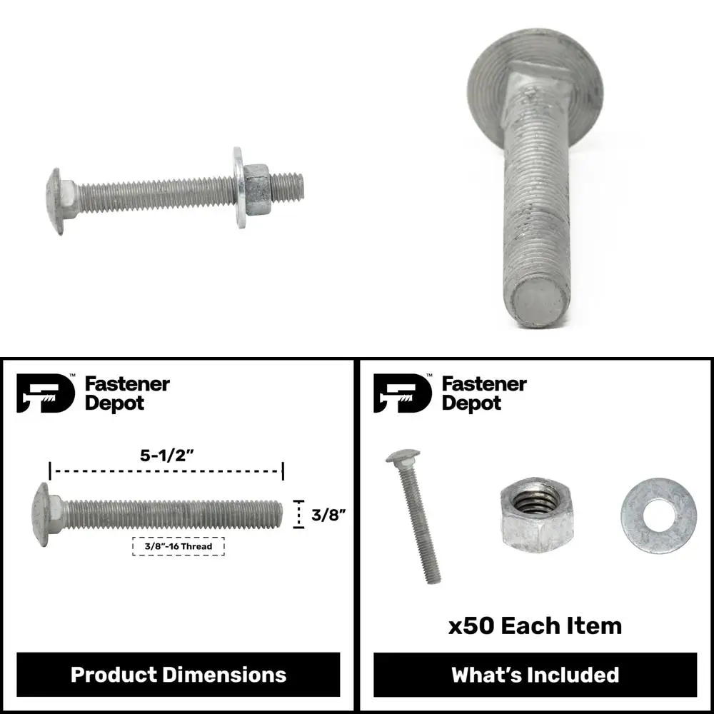 

Комплект оцинкованных каретных болтов класса 307А — 50 шт. в упаковке с 50 плоскими шайбами и 50 шестигранными гайками, подходит для тяжелых условий эксплуатации.