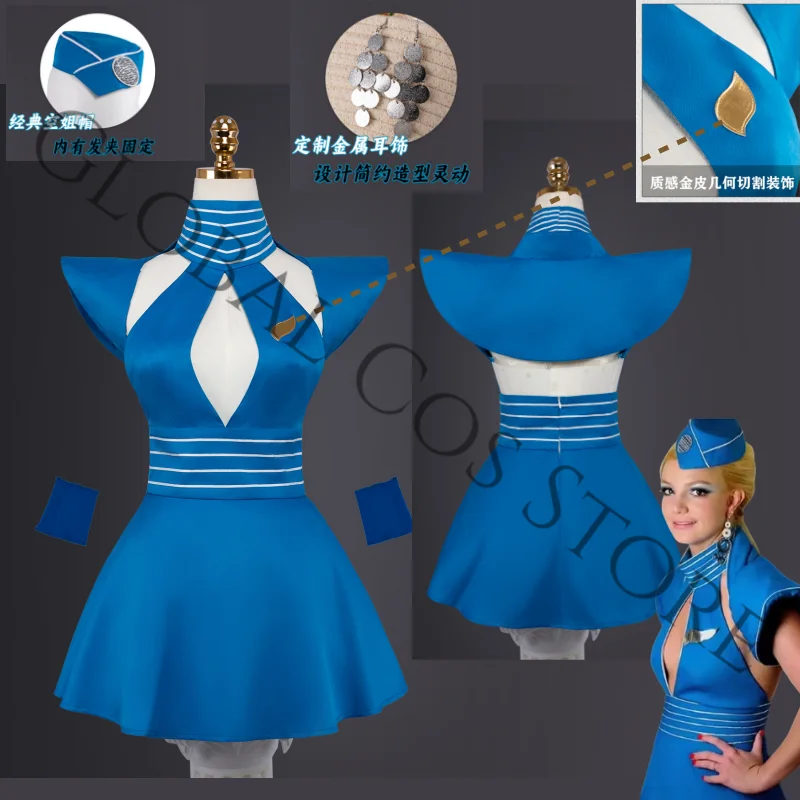 

Britney Blue Flight Attendant Cosplay Costume Movie Same Sexy Unifrom for Halloween Dress-up Role Play & Stage Performance