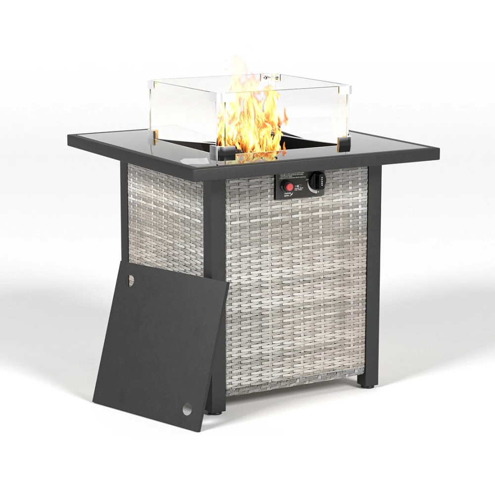 28 Inch Propane Fire Pit Table, Rattan & Wicker-Look, 50000 BTU Gas Firepits Tempered Glass Tabletop with Glass Windscreen