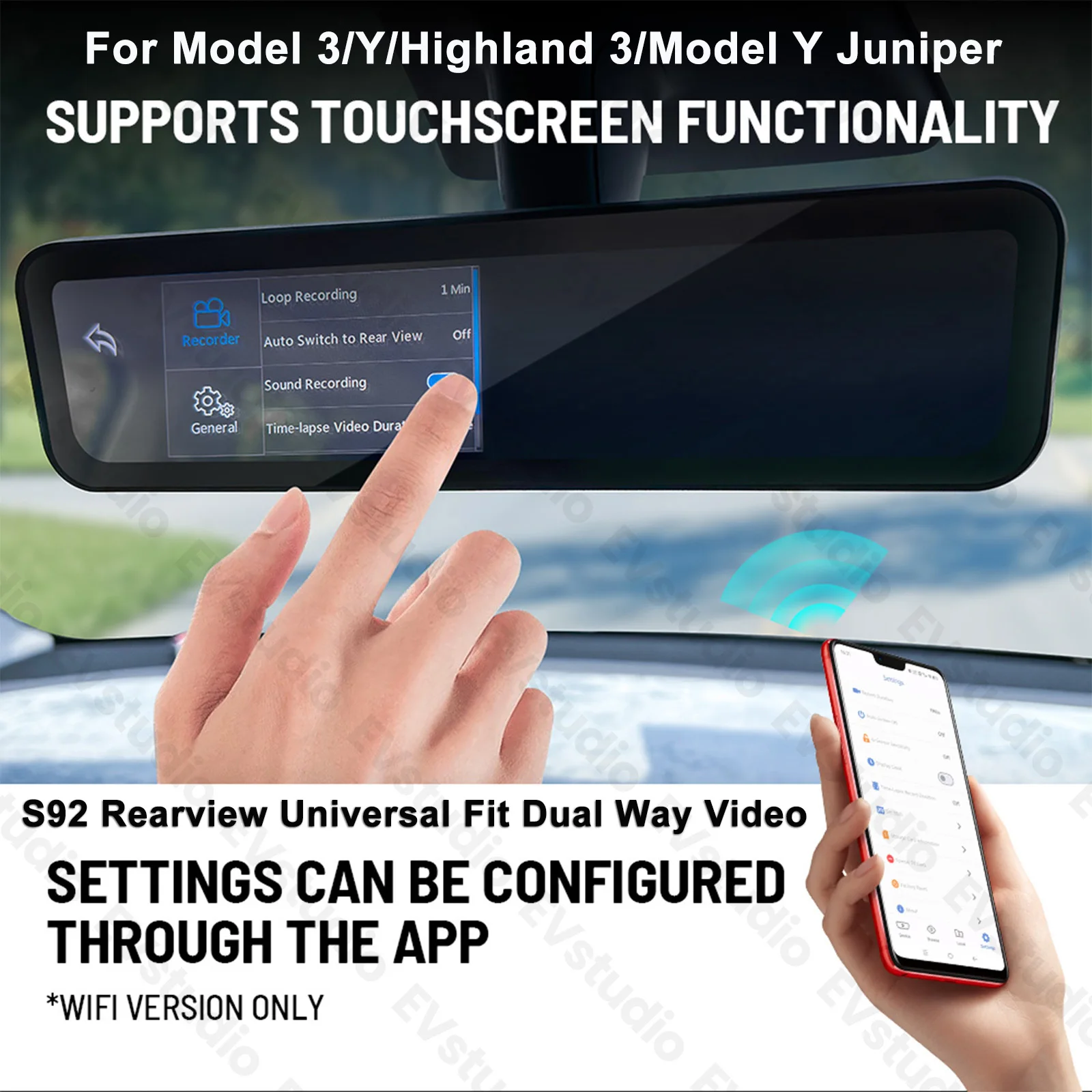 

S92 Stream Media Rearview Mirror Dual Way Video Recorder with WiFi for Tesla Model Y Juniper 3 Highland Anti Glare 1080P HD DVR
