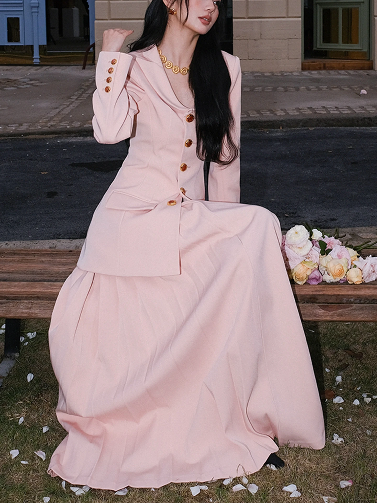 ชุดสูทสีชมพู Ele พร้อมชุดเดรสเอวสูงแบบมีซิป แฟชั่นชุดสองชิ้นสำหรับผู้หญิง