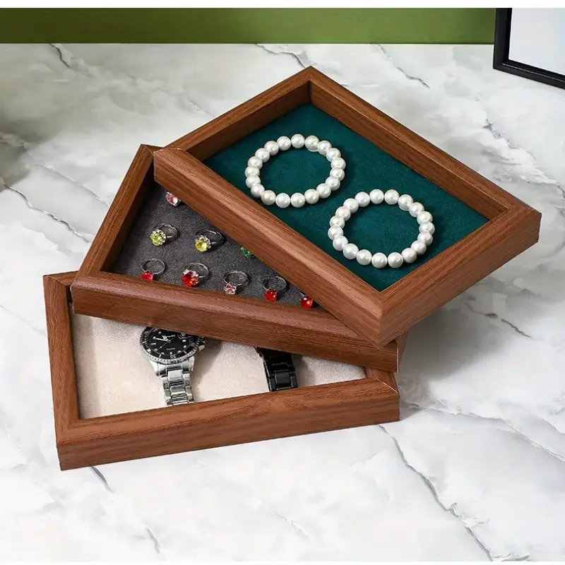 A walnut jewelry display tray with velvet pads, suitable for rings, earrings, studs, necklaces, bracelets, bracelets - elegant s