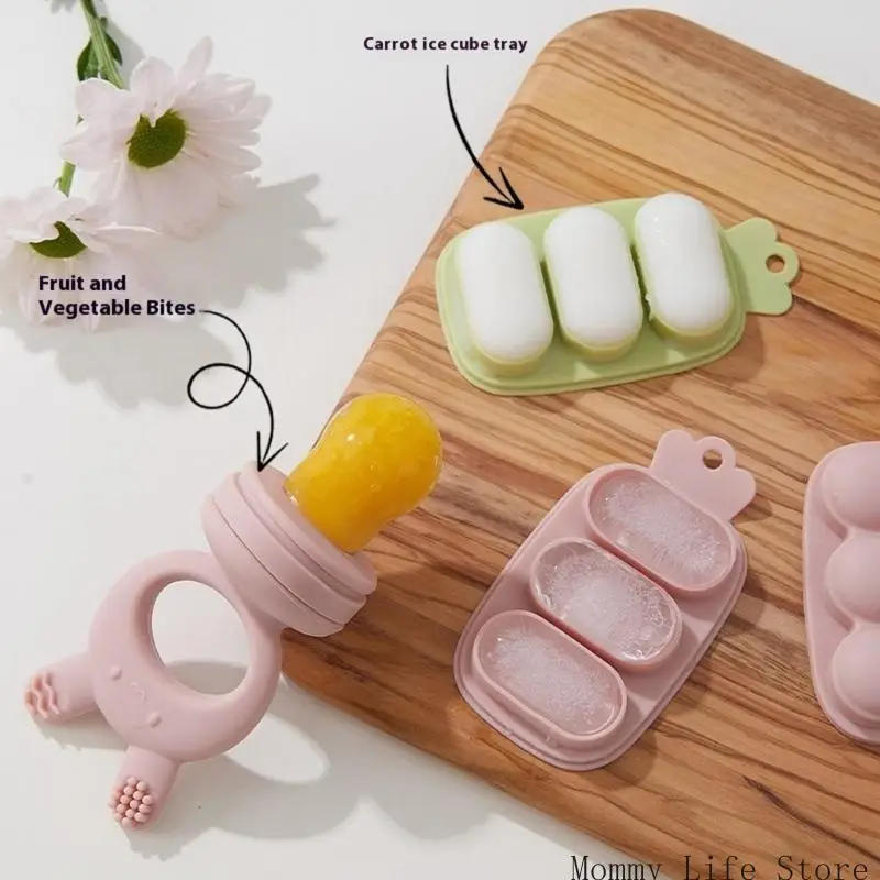 

Infant Fruit Feeder & Ice Tray Set, Silicone Teether for Fresh Puree, Safe Chewing Training & Sensory Development Aid
