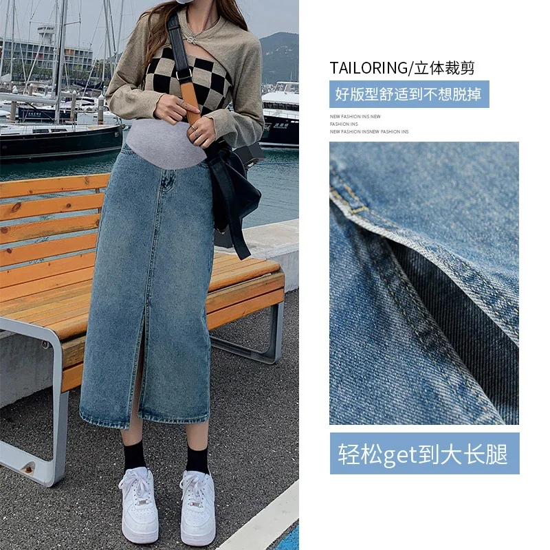 

9059# Autumn Korean Fashion Denim Maternity Skirts Side Splits Elastic Waist Belly Clothes for Pregnant Women Casual Pregnancy