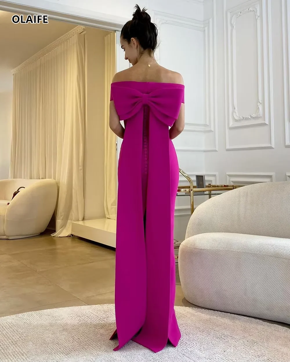 OLAIFE Mermaid Evening Dresses With Big Bow Soft Satin Pleated Off The Shoulder Prom Dress Women Arabia Celebrity Gowns