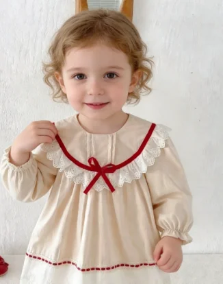Girls Dress 2026 Spring New Korean Version Lace Border Contrasting Long Sleeved French Princess Dress Casual Fashion Daily Wear