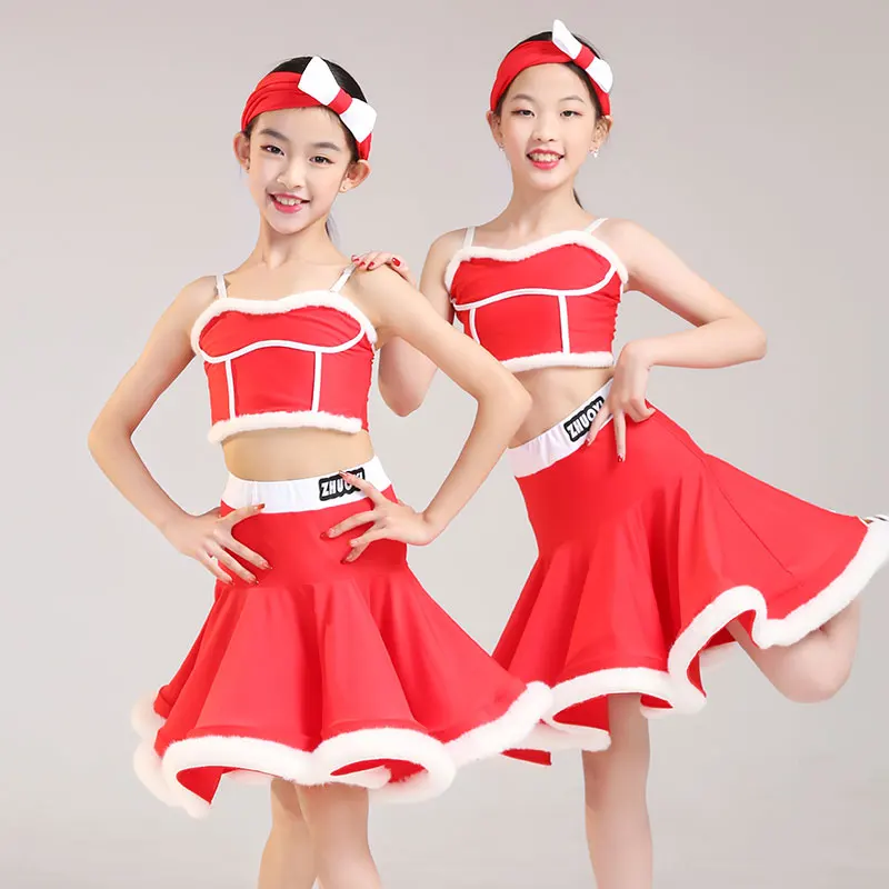 

Fashion Red Latin Dance Costumes For Girls Samba Ballroom Dance Competition Clothes Kids Performance Dancing Suits SL8750