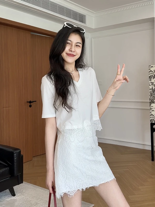 

Zhang a Xing Moonlight Weave High Waist Lace Top Ruffle Hem Long Sve irt Lyrical Rhythm Pants Summer Faion Set Women