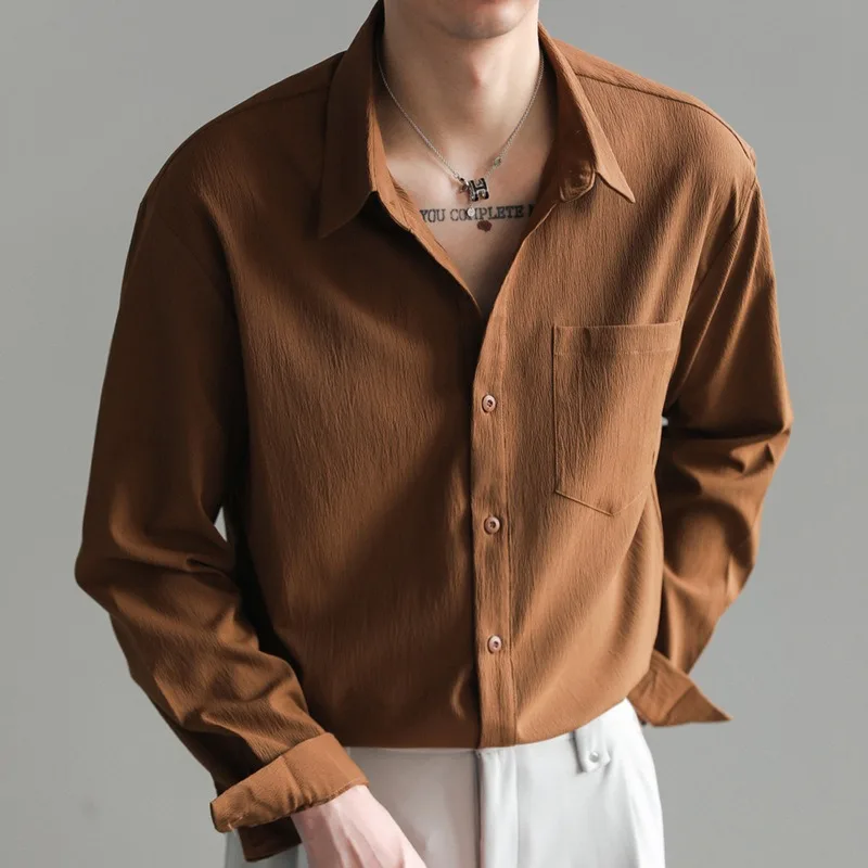 

Light Mature Korean Style Trendy Handsome Long Sleeve Men's Loose Casual Solid Color Non-Iron Shirt Spring Autumn Top