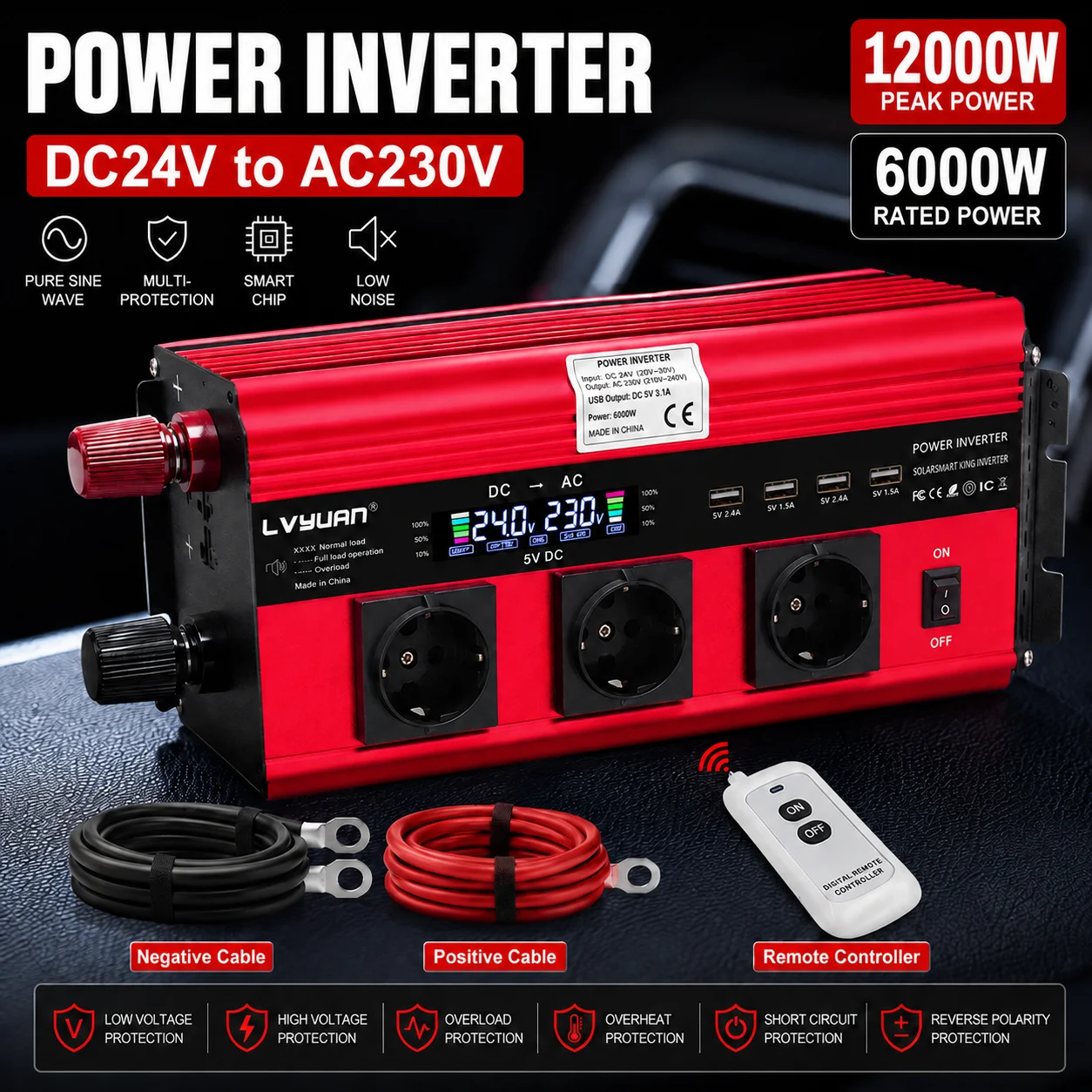 LVYUAN Inverter a Onda Sinusoidale Modificata 6000W 12000W di Picco DC12V/24V a AC230V 3 Prese EU 4 USB LCD Telecomando per Auto Camper Camion Campeggio Casa