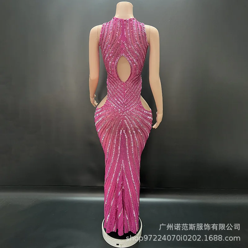 Temperament Rose Red Sexy Hollow Rhinestone Bag Skirt Singer Business Performance Fashion Singing Clothes Annual Meeting Dress
