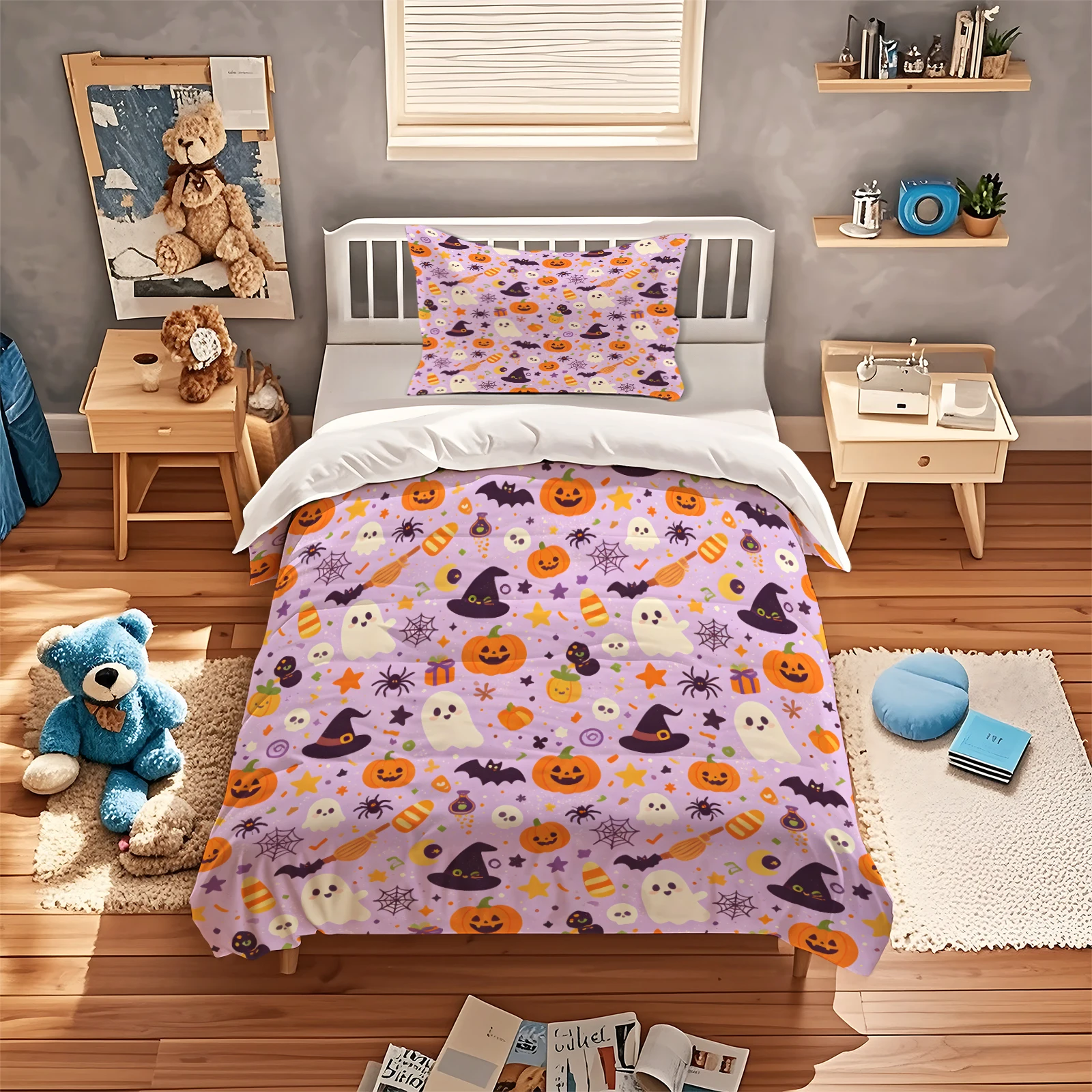 Halloween Duvet Cover Set Light Purple Cute Pumpkin Ghost Witch Hat Bat Spider Web Print Bedding Set Holiday Quilt Cover Decor