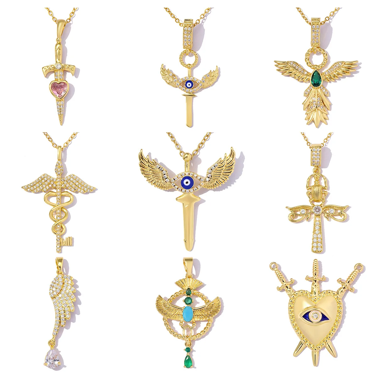 Lot de 3 Breloques DIY en Cuivre et Zircon, motifs Épée, Aile, Serpent, Croix, Œil protecteur, Pendentifs de Collier pour Femme, Bijoux Mythologie Grecque, Vente en Gros