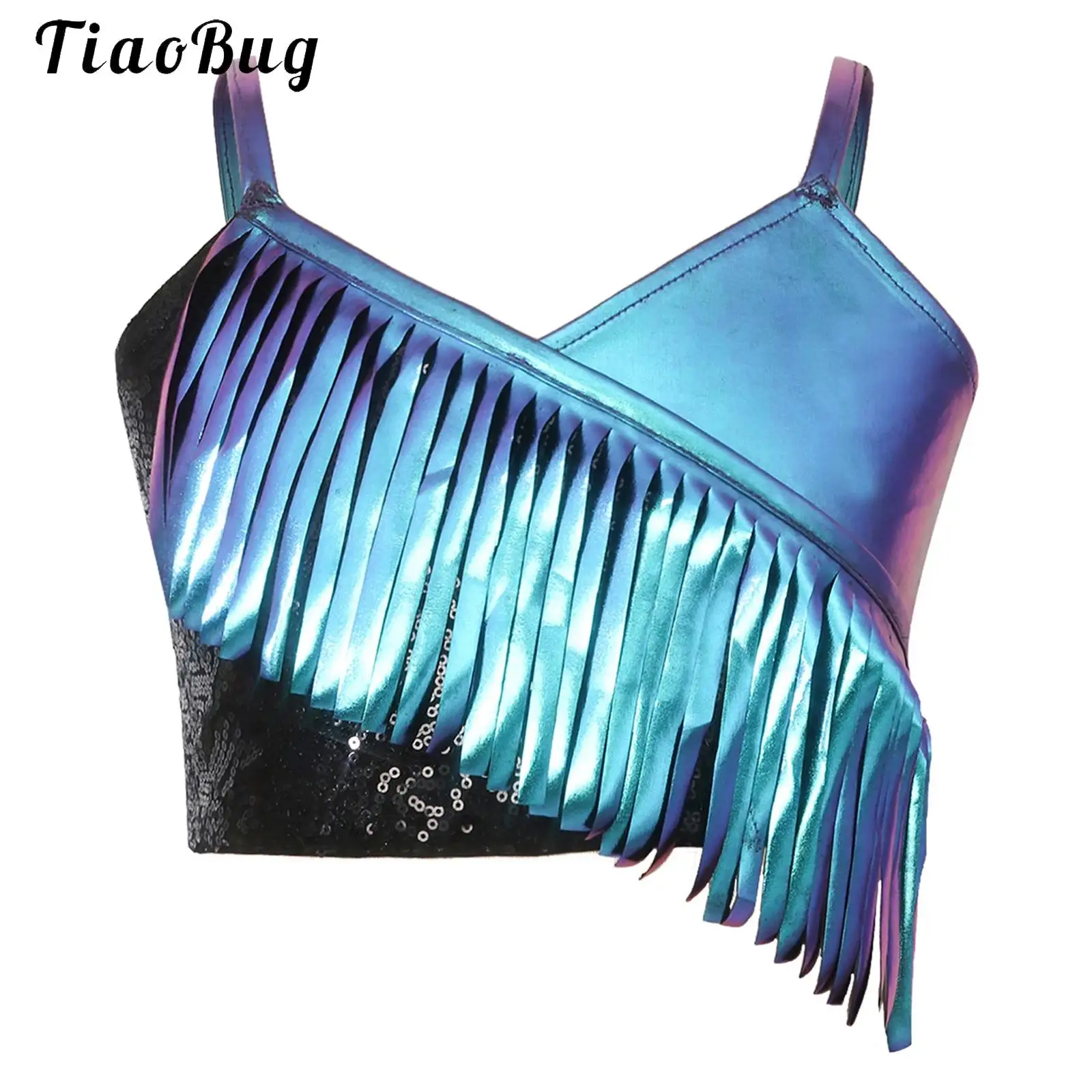 Girls Metallic Shiny Disco Jazz Dance Tank Tops Kids Sequins Tassel Vest Crop Tops Adjustable Spaghetti Straps Dance Camisole