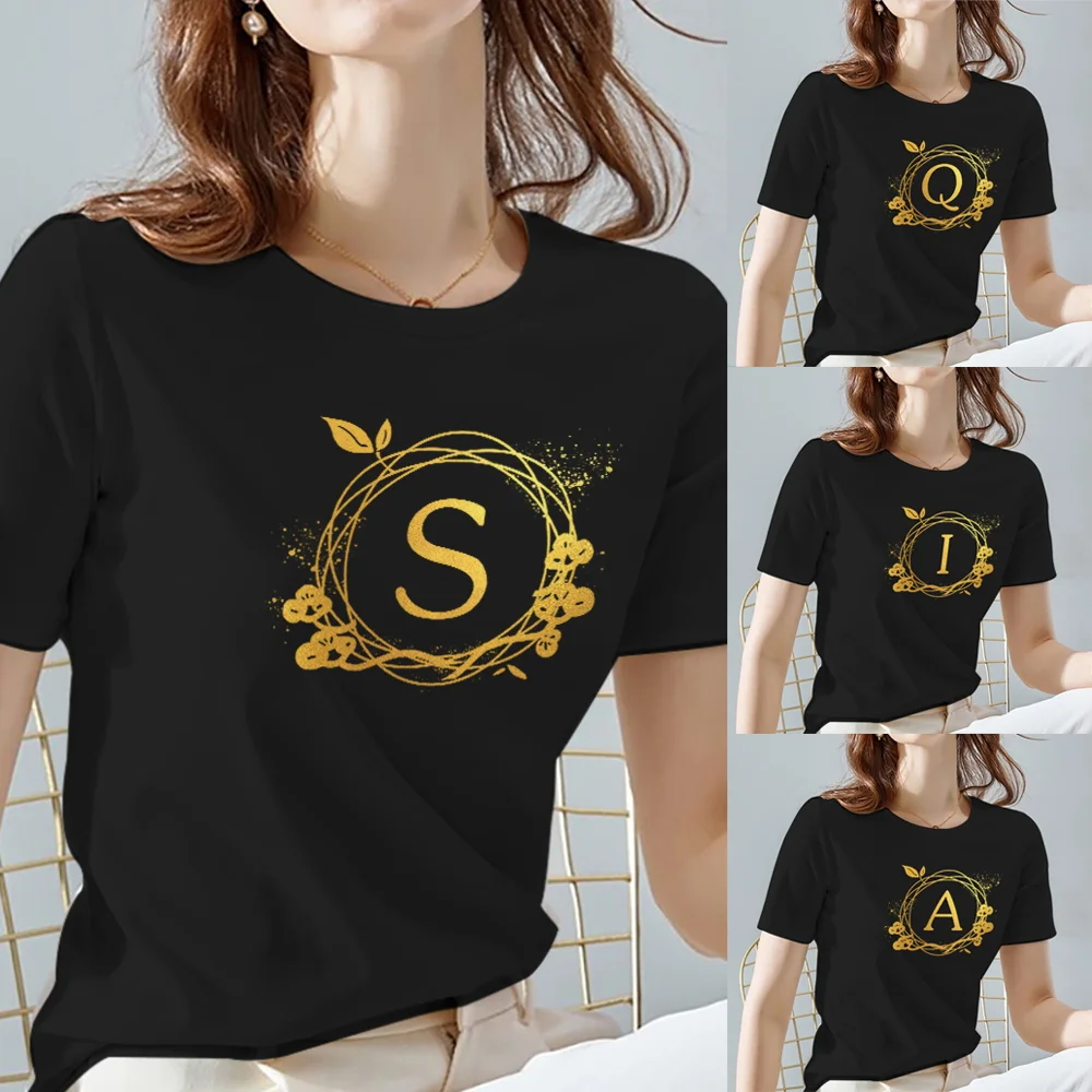 

T Shirt Ladies Round Neck Tee Short Sleeve Black Simple Wreath Letter Print Summer Fashion Casual Women Top TShirt