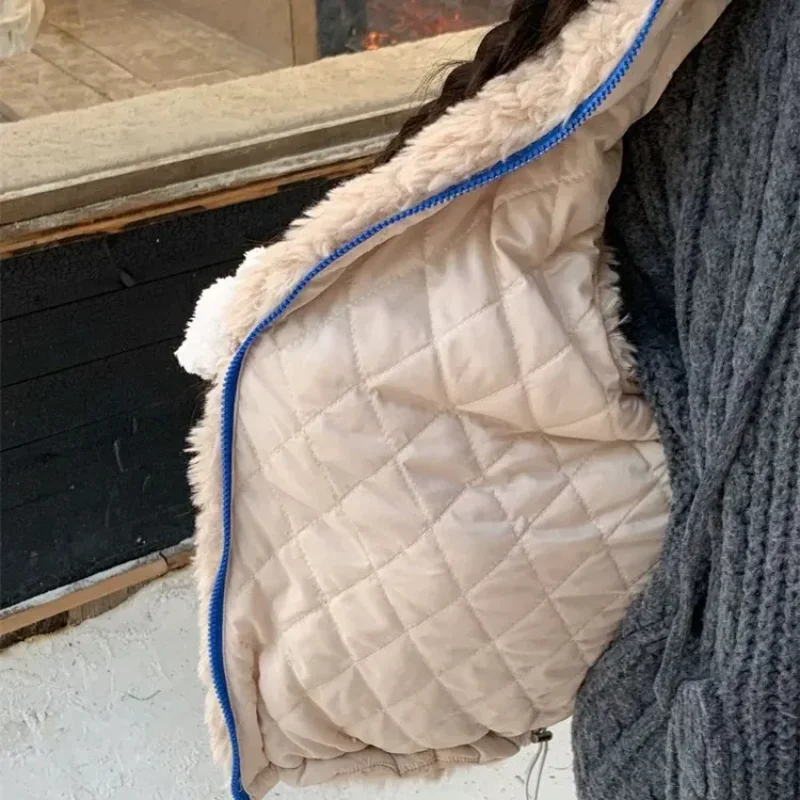 Damska nowa jesienno-zimowa kamizelka z kapturem, retro, z uszami misia, z aksamitu jagnięcego, ocieplana bawełną.