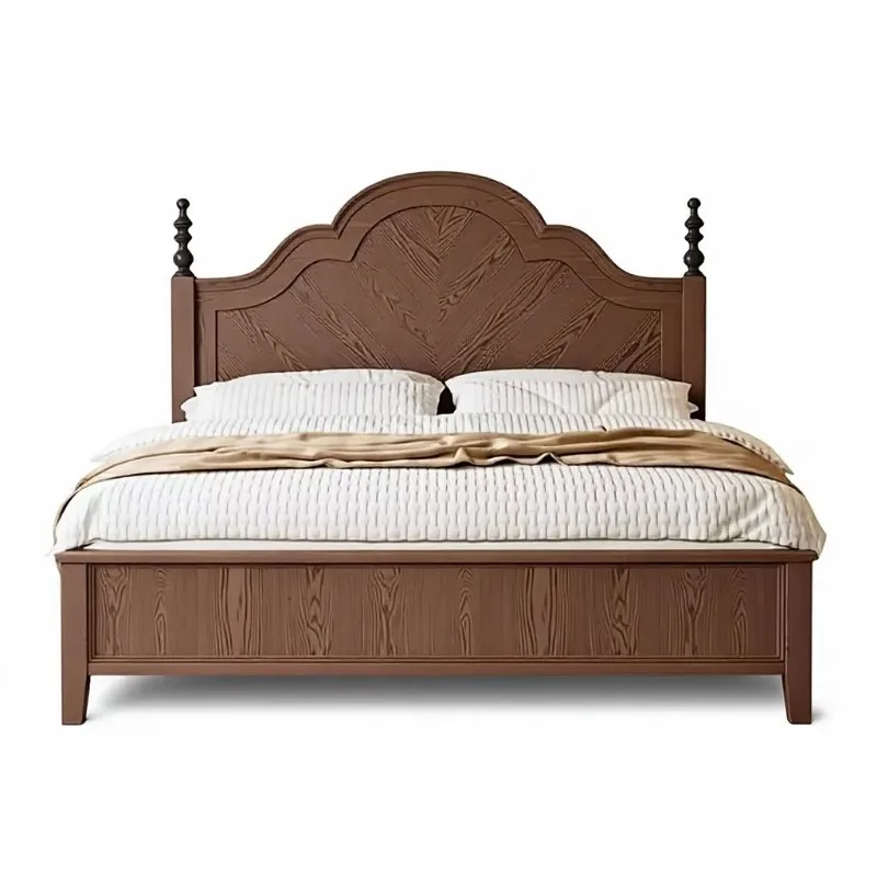Solid wood furniture: Luxury wooden bed frame with simple retro design and comfortable headboard