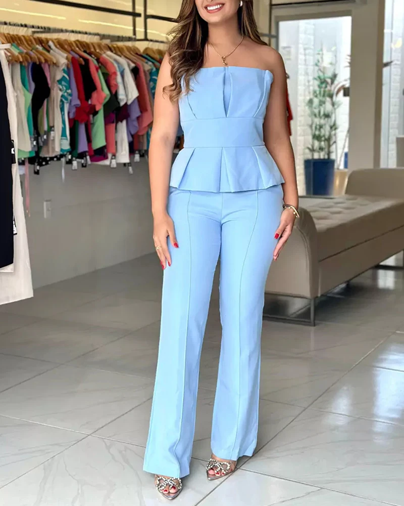 Women's Jumpsuit Elegant Trendy Party Outfit Overalls Solid Color Bandeau Pleated Design High Waist Skinny Flared Jumpsuit