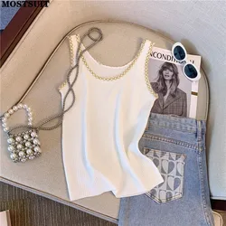 Stylish Korean Slim Knit Sweater Vest For Women Crop Tops 2024 Summer Sleeveless Sexy Fashion Chic Ladies Knitwear Jumpers Femme