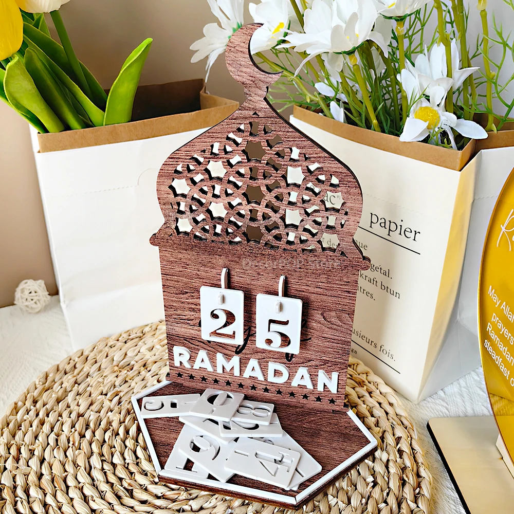 Calendrier Ramadan 2024 – Compte à Rebours Aïd – Décoration Lunaire Acrylique Or/Argent – Bureau Maison