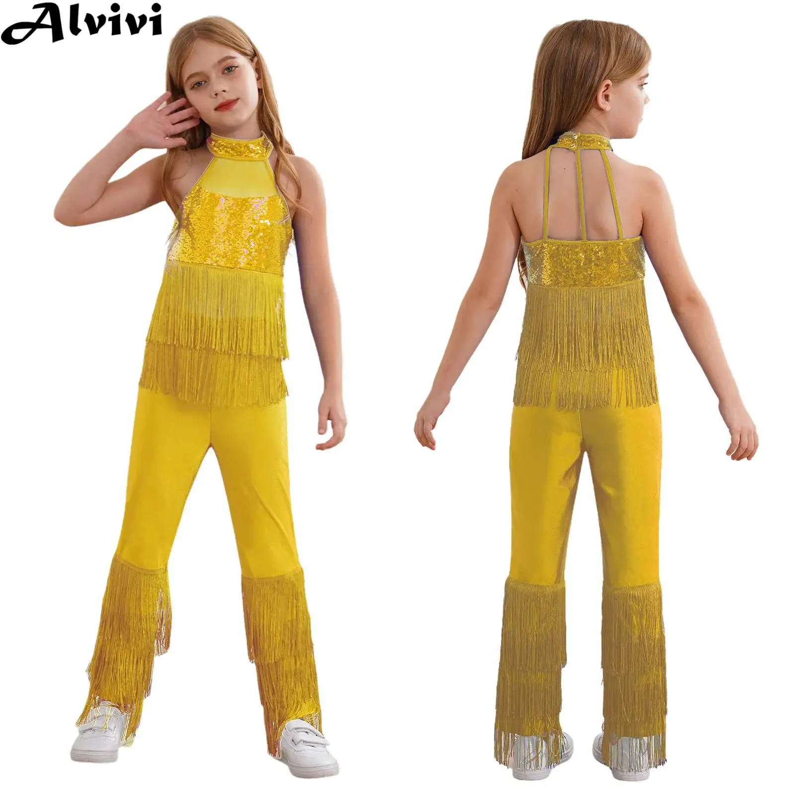 

Детский комбинезон для латинских танцев для девочек, ча-ча, танго, самба, румба, боди без рукавов с лямкой на шее и кисточками, сетчатое боди с блестками для выступлений на сцене