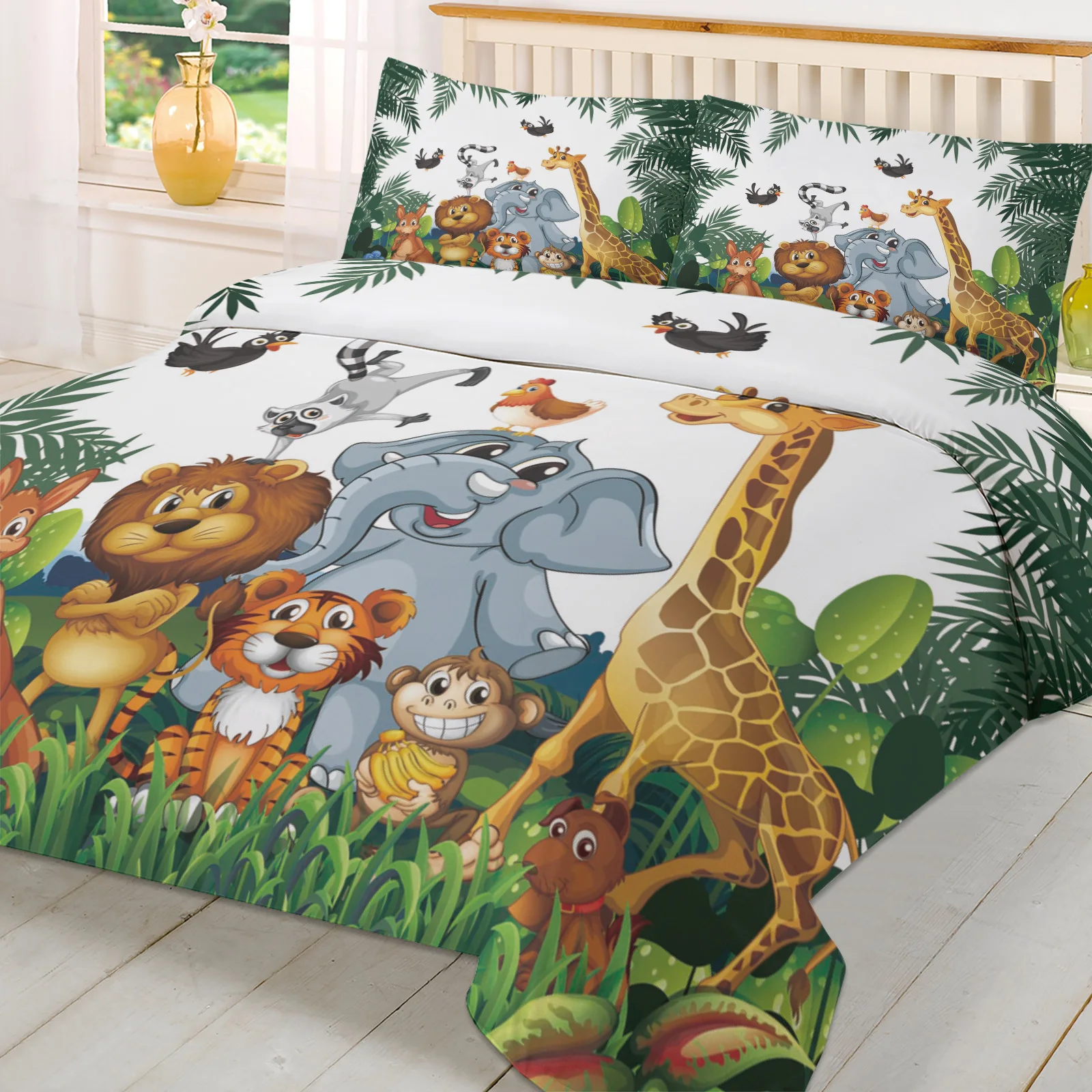 熱帯ジャングル漫画動物キリンライオン象布団カバー枕カバー寝具 - Home Textiles Bedding のレビューと価格